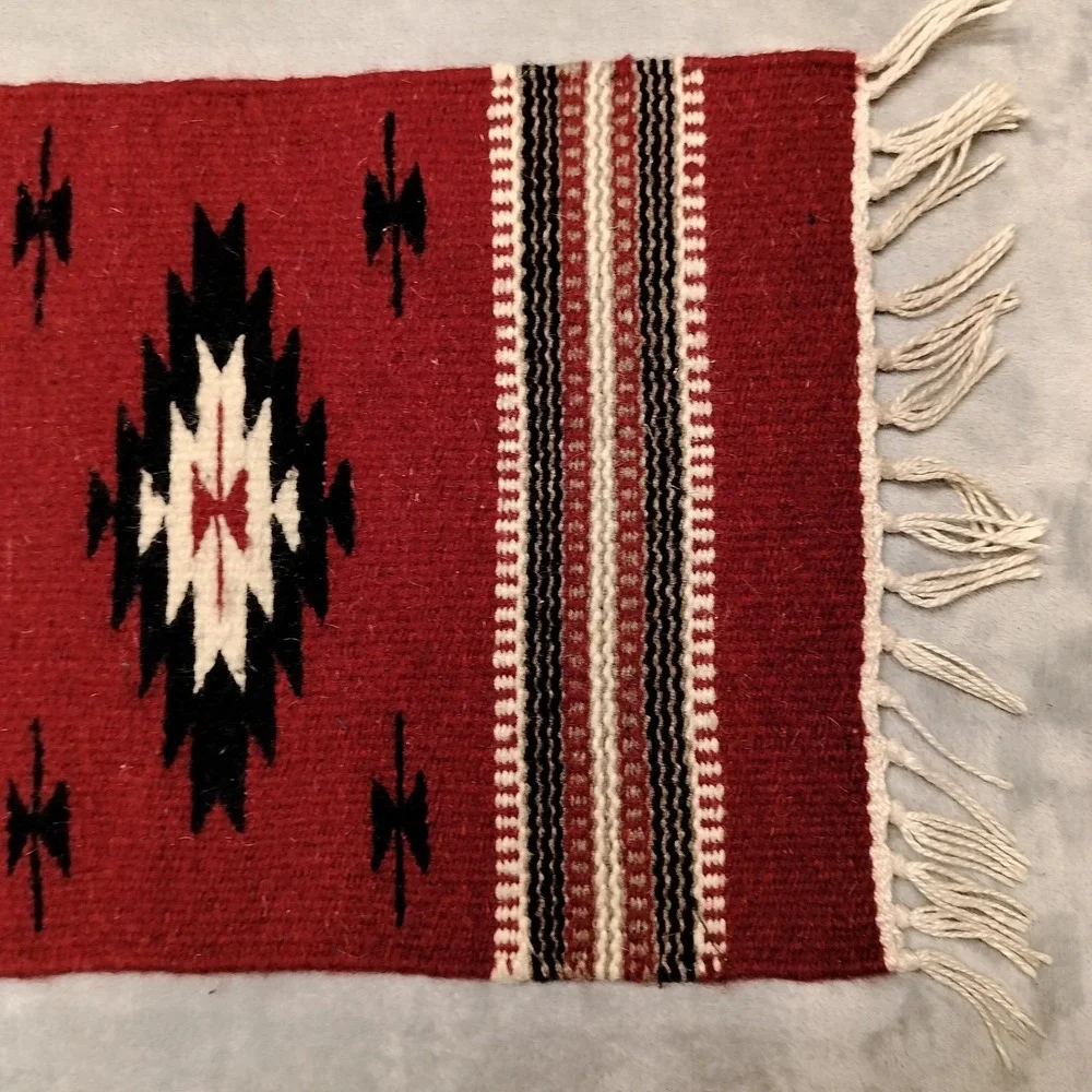 Vintage Handwoven Rug Small Red Southwest Wool Tapestry Table Runner Boho Tribal
